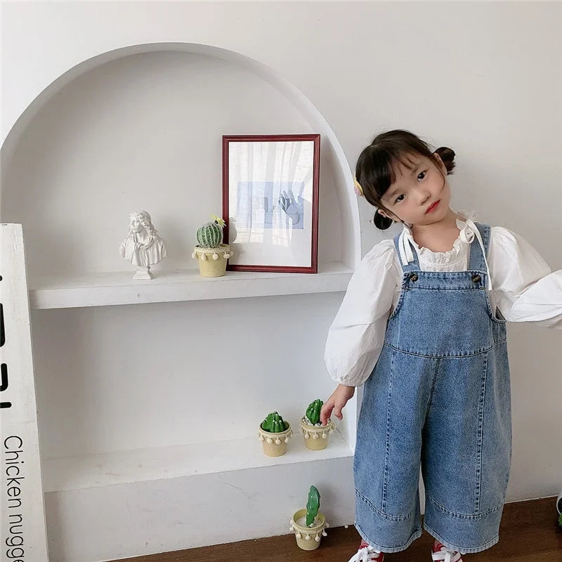 Korean style Spring Fall Kids Children Oversized Wide Leg Denim Overalls Baby Clothes Boys Girls Loose All-match Casual Pants