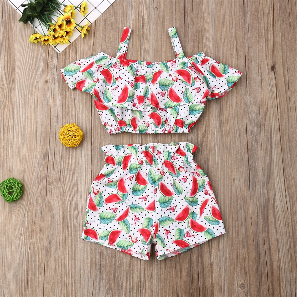Newest Fashion Summer Toddler Baby Girl Clothes Off Shoulder Ruffle Sling Crop Tops Short Pants 2Pcs Outfits Clothes