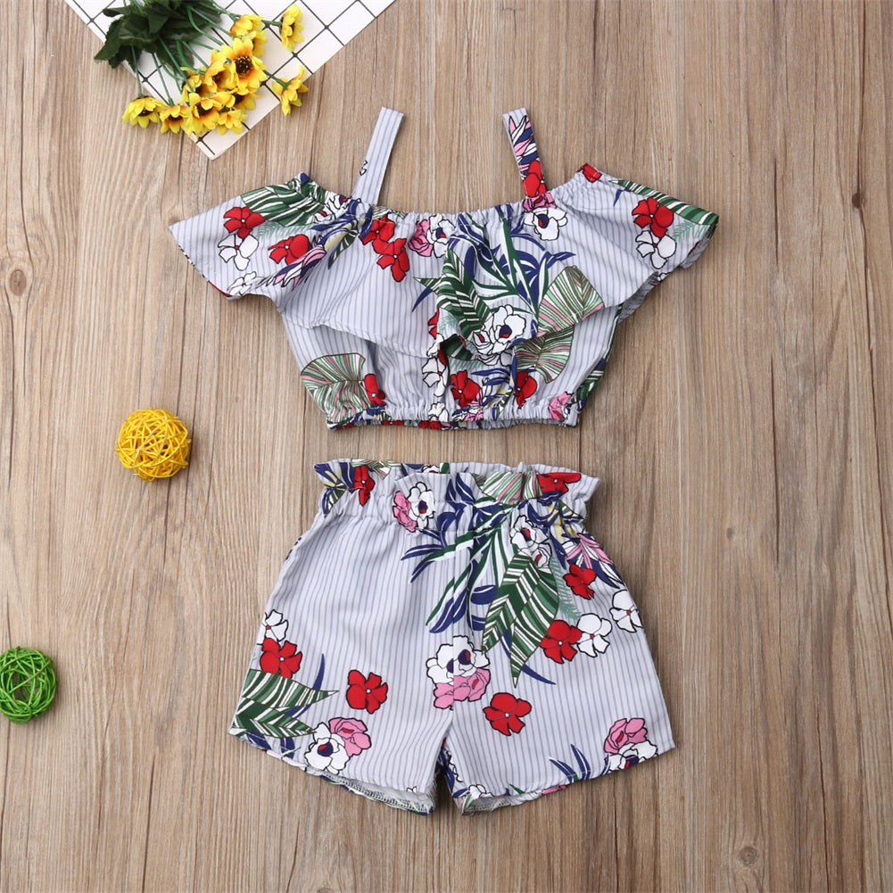 Newest Fashion Summer Toddler Baby Girl Clothes Off Shoulder Ruffle Sling Crop Tops Short Pants 2Pcs Outfits Clothes