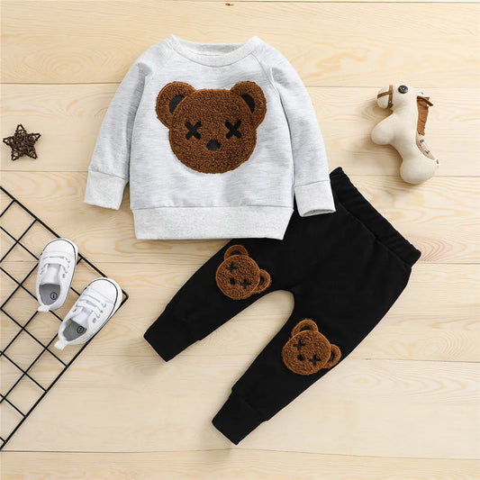 1-5 Years Kid Boys Girls 2Pcs Tracksuit Suits Fall Baby Plush Cartoon Bear Long Sleeves Sweatshirt Top + Elastic Waist Pants