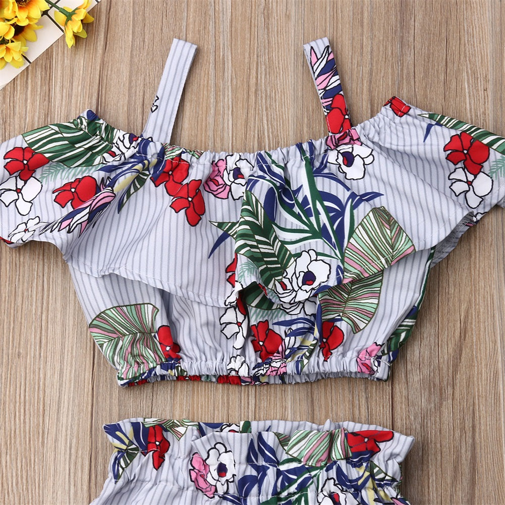 Newest Fashion Summer Toddler Baby Girl Clothes Off Shoulder Ruffle Sling Crop Tops Short Pants 2Pcs Outfits Clothes