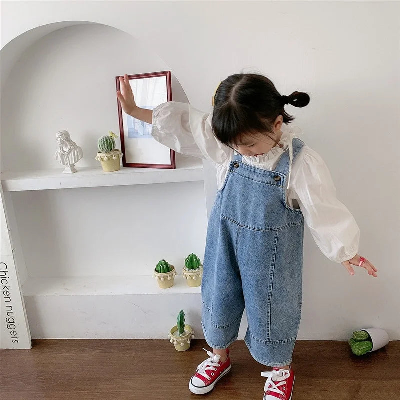 Korean style Spring Fall Kids Children Oversized Wide Leg Denim Overalls Baby Clothes Boys Girls Loose All-match Casual Pants
