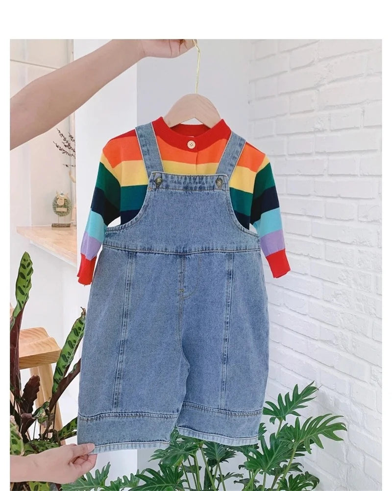 Korean style Spring Fall Kids Children Oversized Wide Leg Denim Overalls Baby Clothes Boys Girls Loose All-match Casual Pants