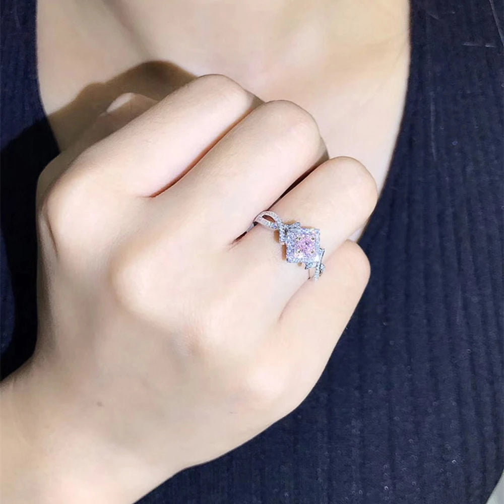 Huitan Pink CZ Women Engagement Rings Romantic Novel Design Female Rings Valentine's Day Anniversary Love Gift Statement Jewelry