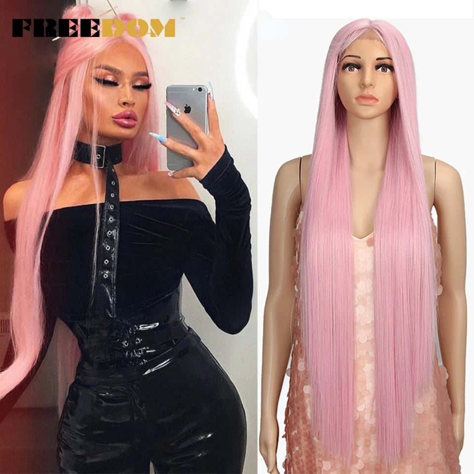 FREEDOM Synthetic Lace Front Wigs For Women Straight Hair Synthetic Lace Wigs 38 Inch Ombre Long Cosplay Wigs Blonde Pink Wig
