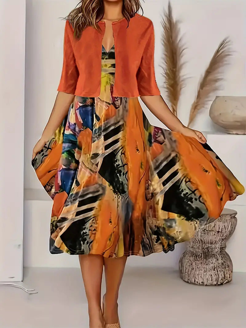 2024 Europe and the United States autumn new women's long dress two-piece set of floral print round neck dress coat women