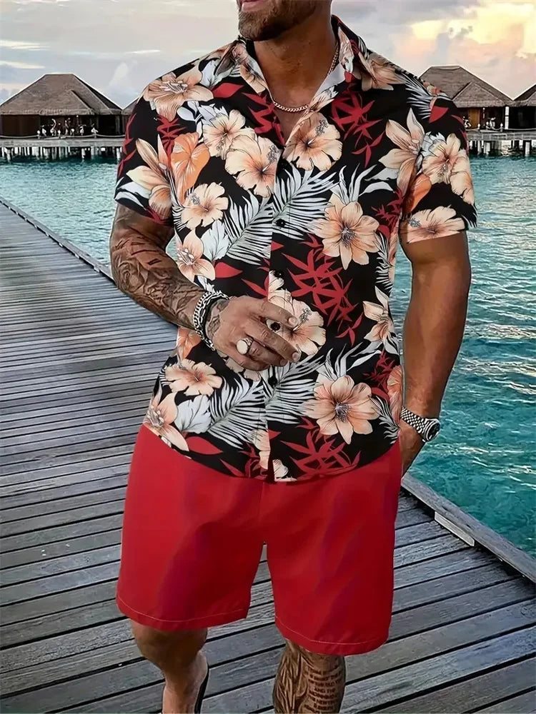 Men's Hawaii Shirt Set Men's 3D Printed Short Sleeve Shirt Shorts Two Piece Summer Beach Lapel Shirt Set Unisex Casual Clothing