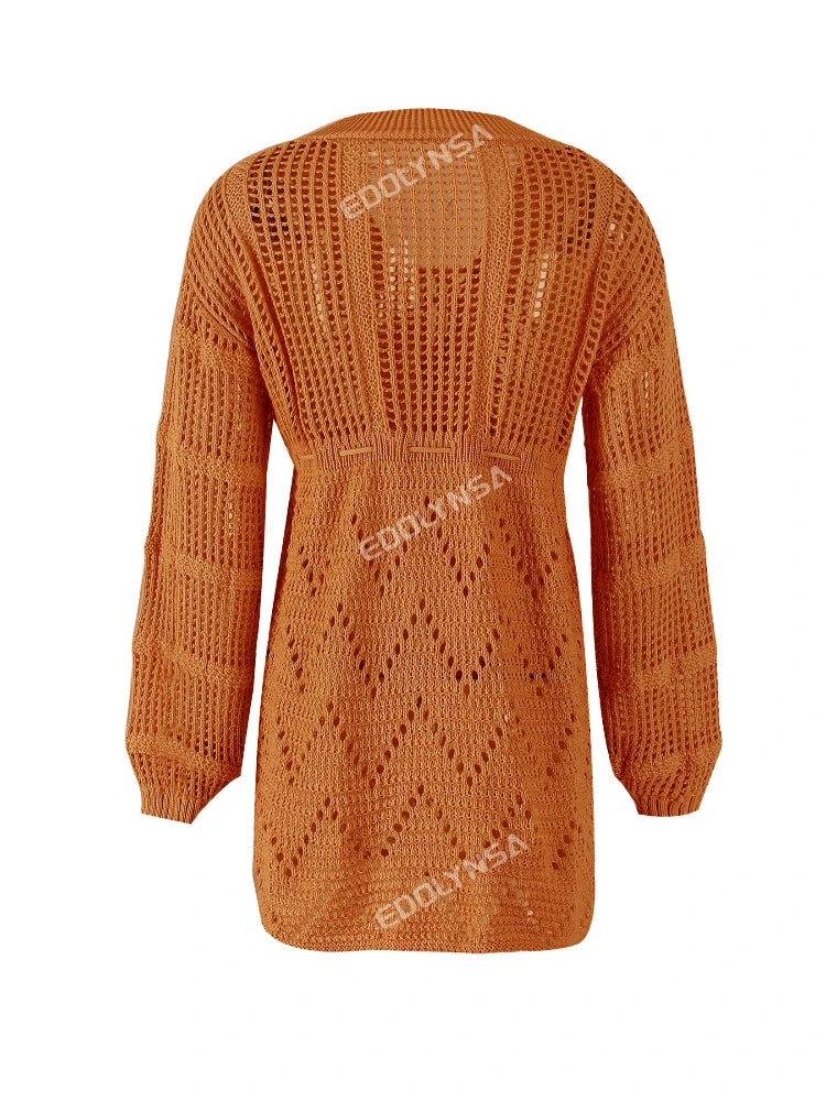 Sexy Deep V-neck Lace-up Bell Sleeve Knit Mesh Hollow Out Beach Mini Dress 2025 Summer Swimsuit Cover Up Women Casual Tunic K14