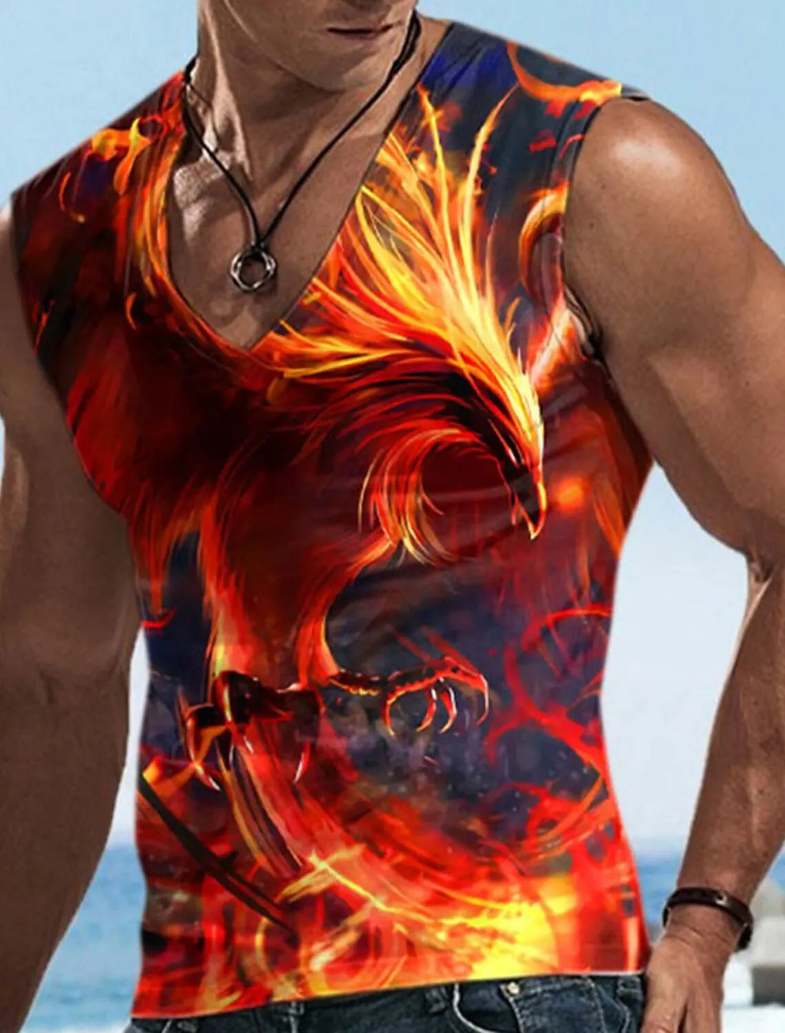 Men\'s Vest Sleeveless T Shirt Patterned Spliced Flame Shirt Casual Muscle V Neck Clothing 3D Printed Sports Running Fitness