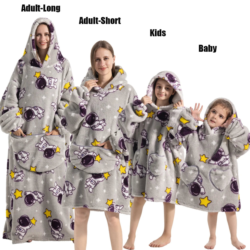 Extra Long Winter Hoodies Sherpa TV Blanket Plush Fleece Family Matching Outfits Sweatshirts Avocado Dinosaur Homewear Oversized