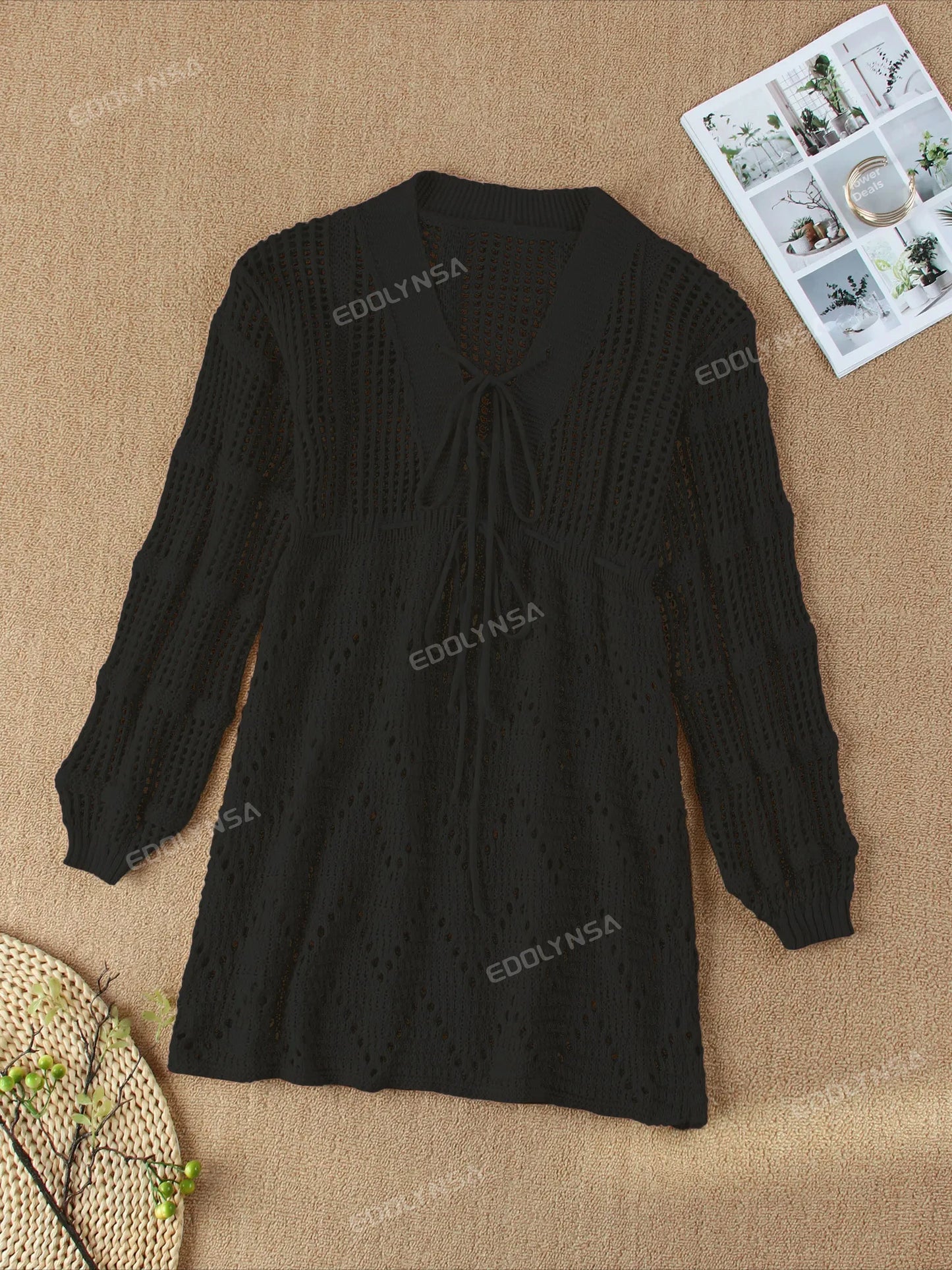 Sexy Deep V-neck Lace-up Bell Sleeve Knit Mesh Hollow Out Beach Mini Dress 2025 Summer Swimsuit Cover Up Women Casual Tunic K14