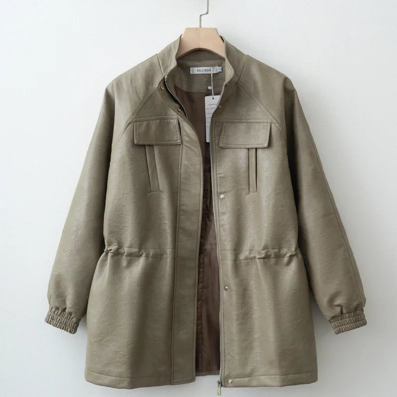 Women Fashion 2025 Fall / Autumn Pu Leather Jacket with Elastic adjustable waist Female Coat and Outerwear