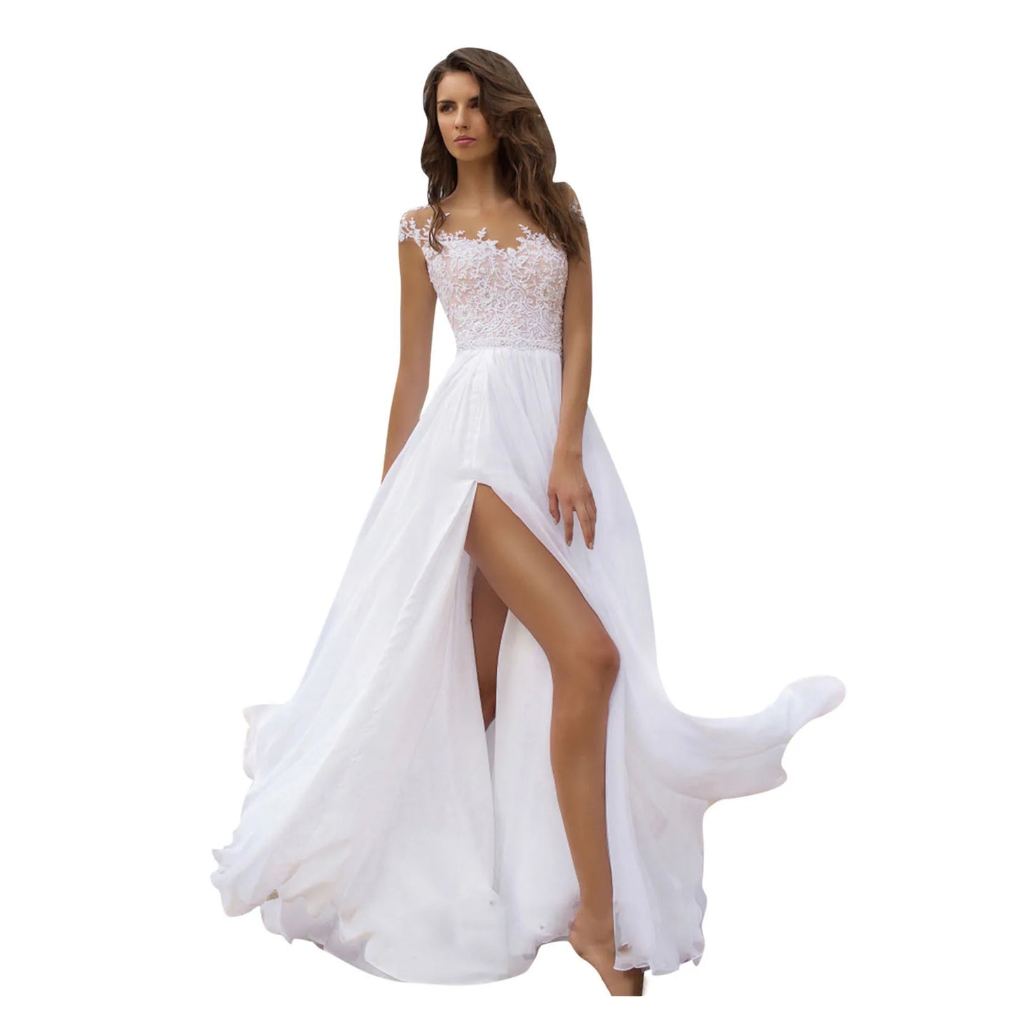 Women's Floral Lace White Dresses A Line Sexy V-Neck Sheer Mesh Large Swing Dress High Waist Bridesmaid Evening Dress For Women