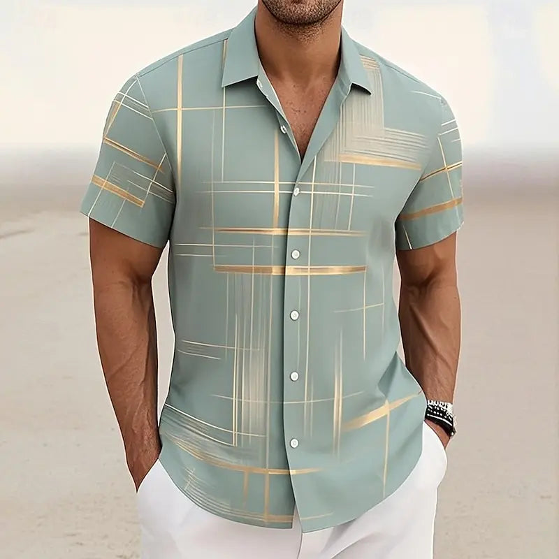 8 Color Men's Geometric Grid Shirt Button Shirt Short Sleeve Fashion Casual Outdoor Vacation Streetwear 3D Printed Lapel Shirt