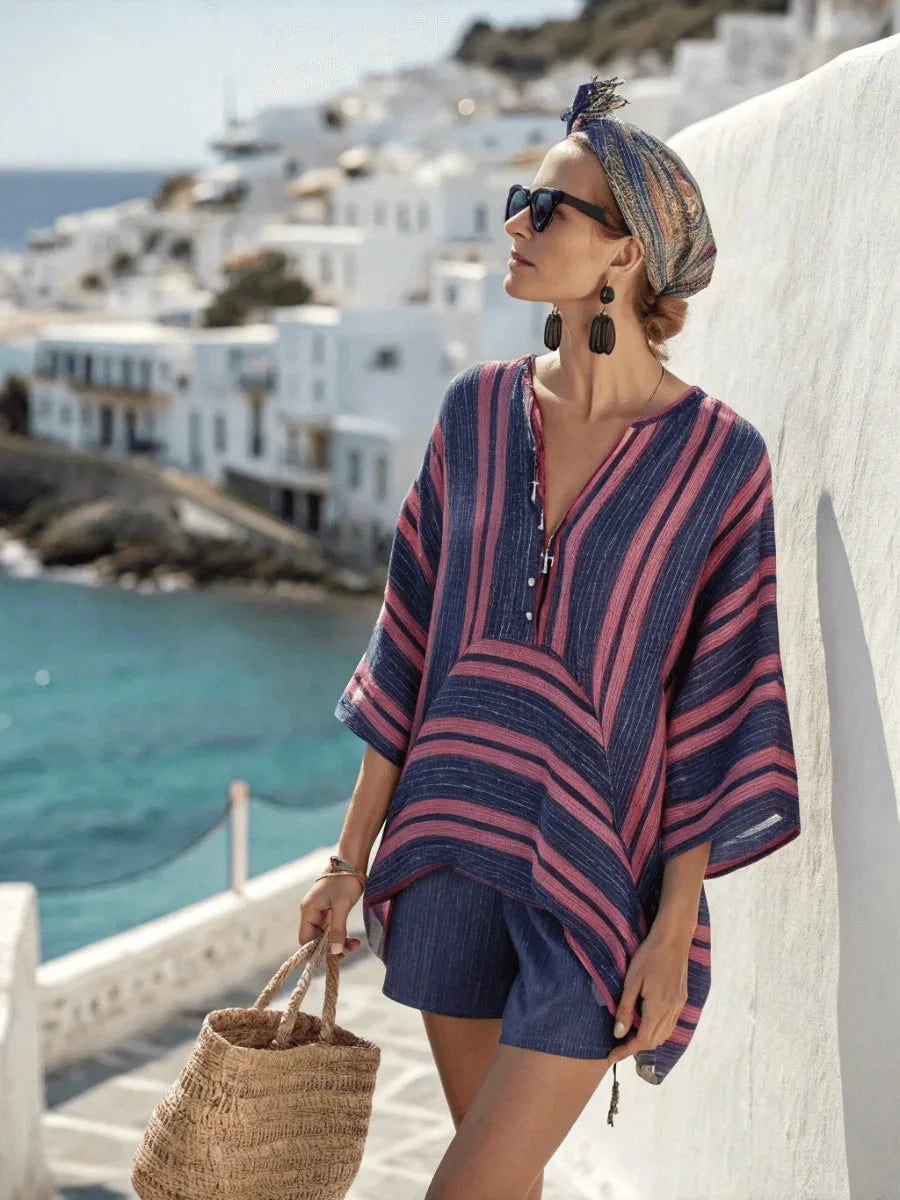Women's Two-piece Set 2026 Vertical Striped Top Women's Summer Loose Casual Versatile V-neck Flying Sleeve Shirt Shorts Suit