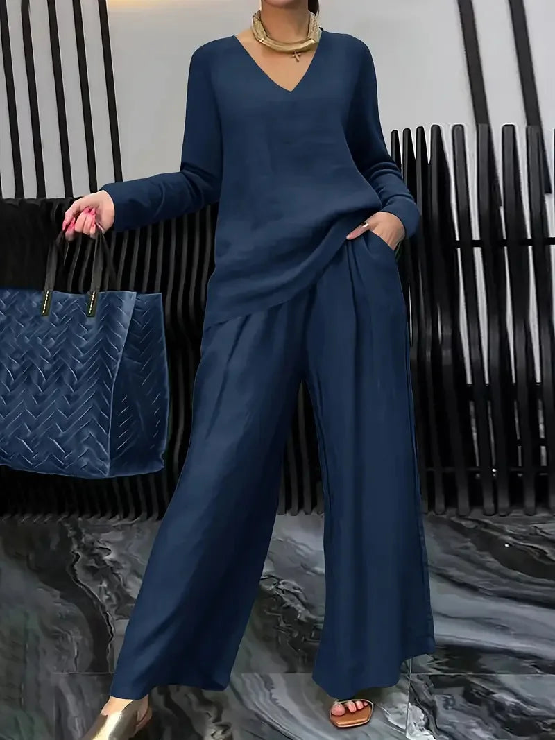 Solid Color Casual V-neck Trousers Women's 2piece Set Spring Autumn New Fashion Pocket Straight Trousers Female Office Suit 2025
