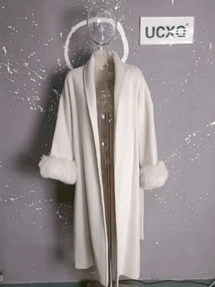 UCXQ Elegant OL Office Lady Overcoats Fur Patchwork Long Sleeve Woolen Coat Beautiful Women's Clothing Jacket Autumn 2025 Winter