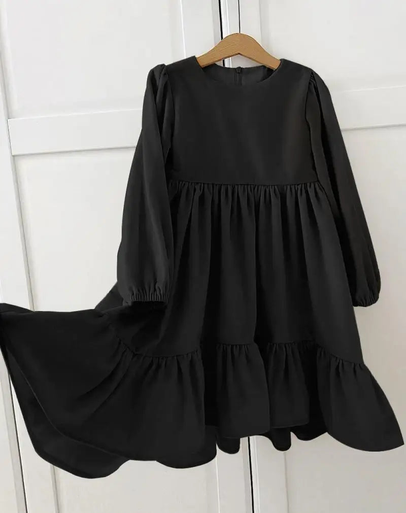 New 7-12 years Girls Spring Autumn Winter Velvet Long Sleeve Ruffle Hem Dress Princess Kids Party Dressess Children Clothing