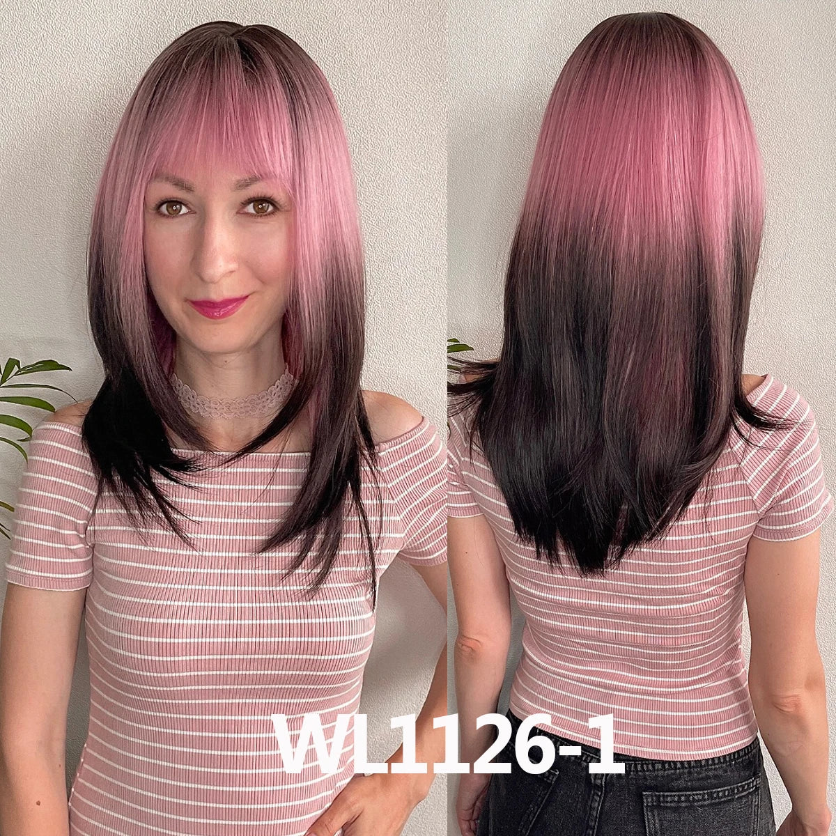 LOUIS FERRE Black Pink Ombre Synthetic Wigs for Cosplay Long Straight Layered Wigs with Bangs for Women Heat Resistant Fake Hair