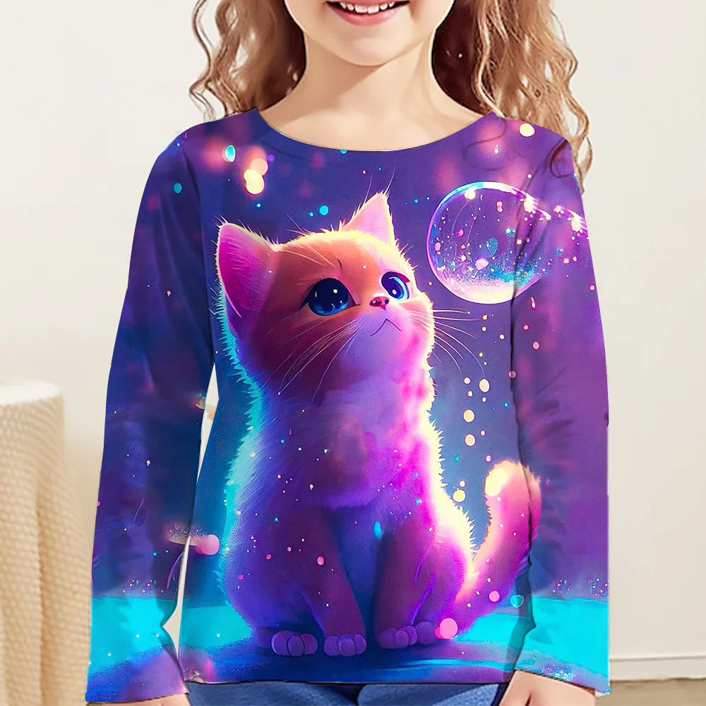 Children Clothes Girl Long Sleeve T-Shirt for Girls 2024 Kids Clothes One Piece Graphic T Shirts Cat Girls Clothes 2 to 8 Years