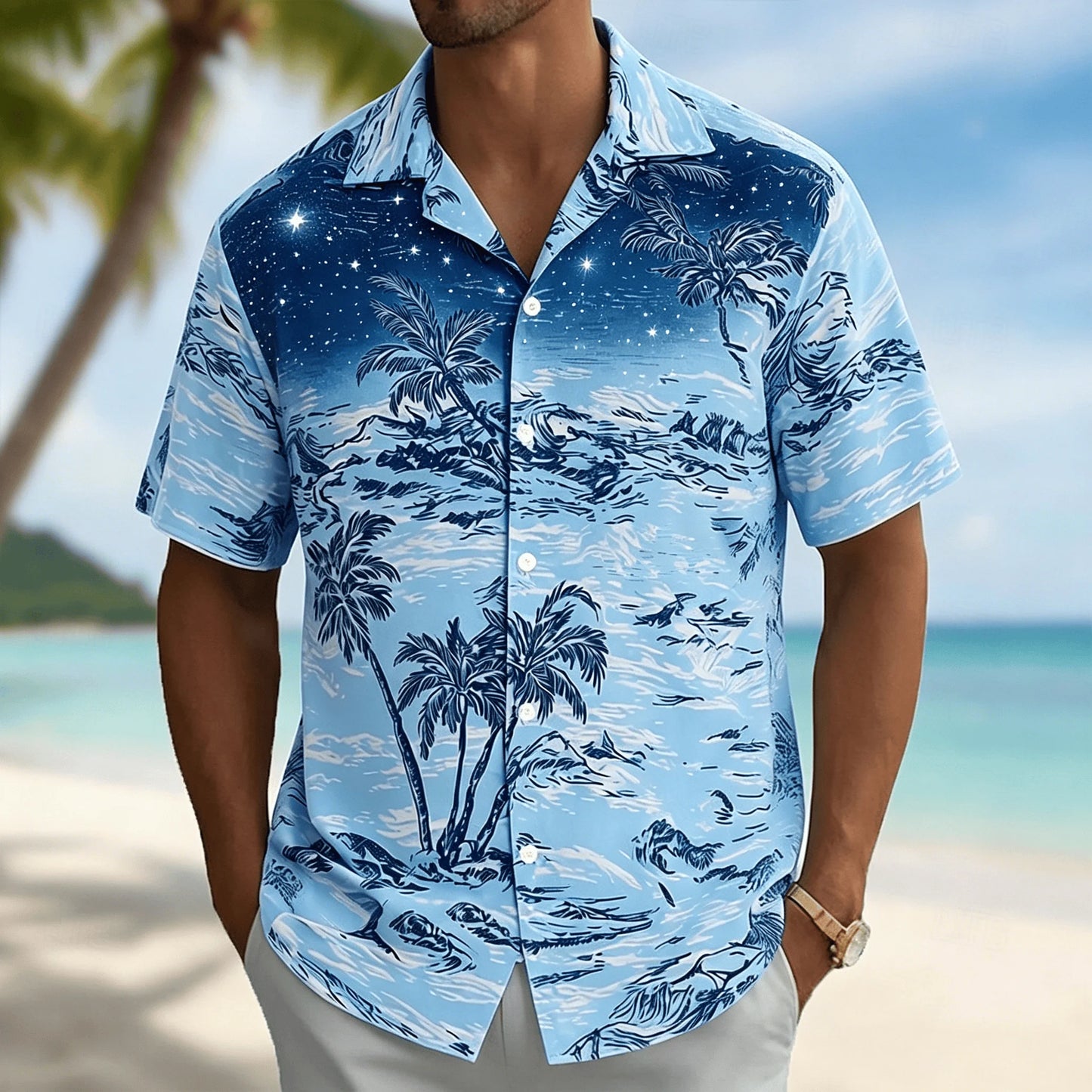 Men's Light Blue Tropical Palm Tree Print Short Sleeve Shirt, Casual Hawaiian Button Down with Ocean Design for Spring & Summer