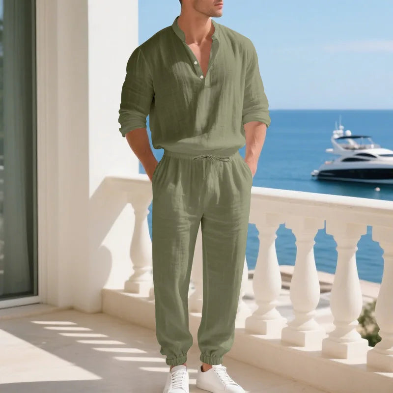 American loose linen set for men autumn Hawaiian home commuter thin Henry shirt long sleeve pants set