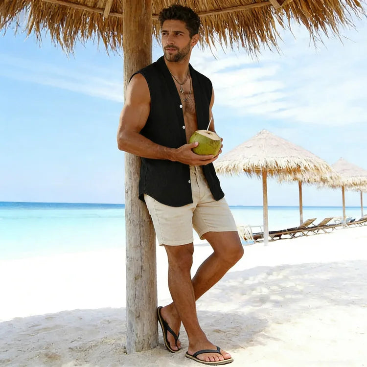 2026 Men's Sleeveless Cotton Linen Shirt Turn Down Collar Button Up Casual Beach Tops