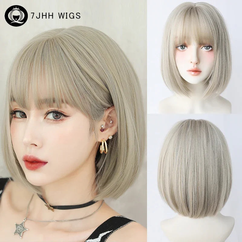 Pixie Cut Wigs Synthetic Short Straight Pink Brown Bob Wigs with Dark Roots High Density Layered Hair Wigs with Curtain Bangs