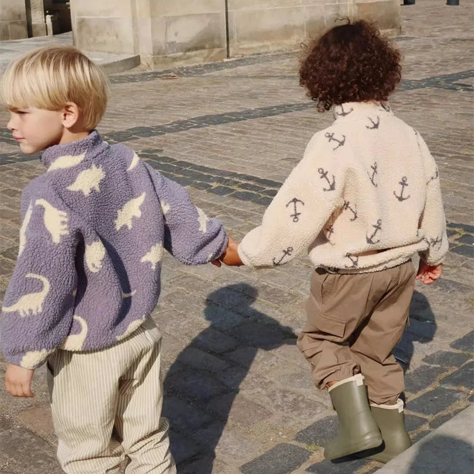 2025 KS Brand Winter Baby Girls Boys Lambswool Cherry Jackets Kids Clothes Boys Sequin Cartoon Outerwear Children's Coats 1-9Yrs