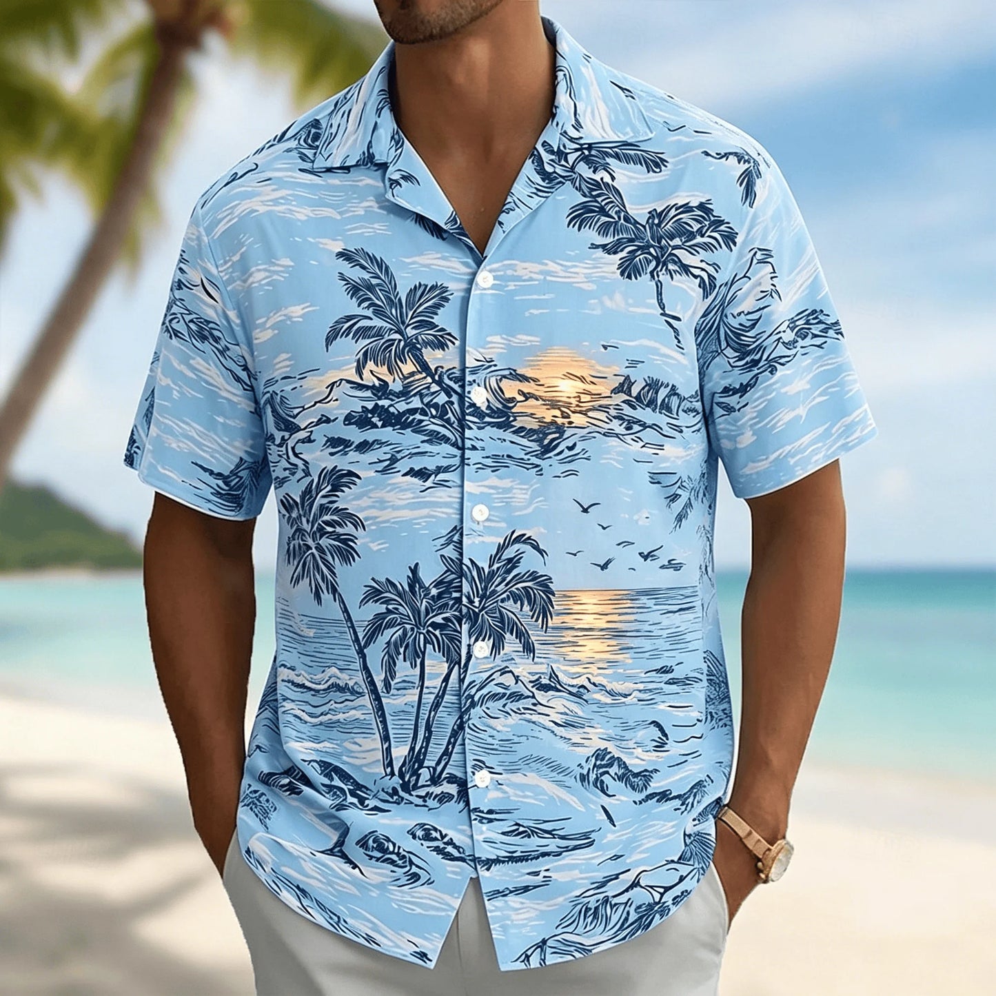 Men's Light Blue Tropical Palm Tree Print Short Sleeve Shirt, Casual Hawaiian Button Down with Ocean Design for Spring & Summer