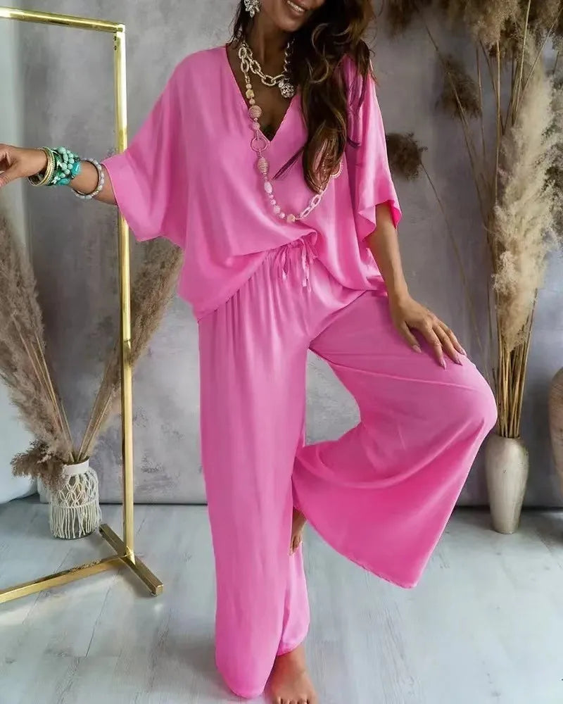 Loose Women Sets 2 pcs Sale V Neck Short Sleeve Blouse Shirts& High Waist Wide Leg Vacation Beachwear Pant Suits NMD-3032