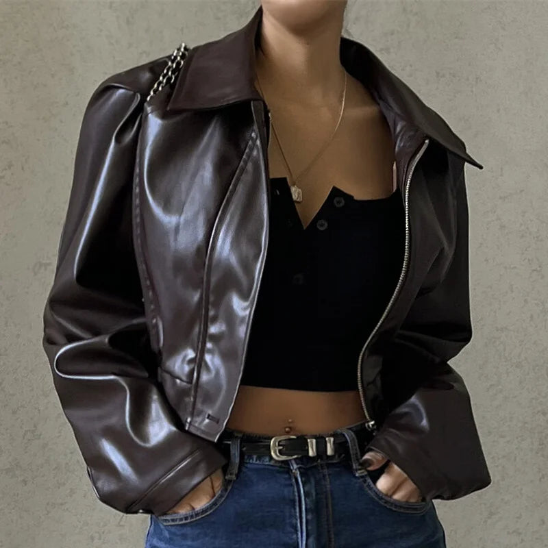 WhereMery Faux Leather Short Jacket Y2K Turn-down Collar Fashion Botton Decoration PU Coat 2022 Grunge Street Casual Women Coats