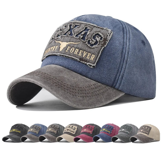 Baseball Cap Sun hat Retro-style Washed denim TEXAS Color matching Shut and run Spring Autumn baseball Hip Hop Fitted Cap