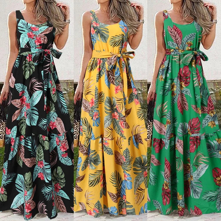 Summer Flower Print Sleeveless Long Dresses Women Elegant Casual Vacation Style Dress O Neck High Waist Leace-up Maxi Vestidos