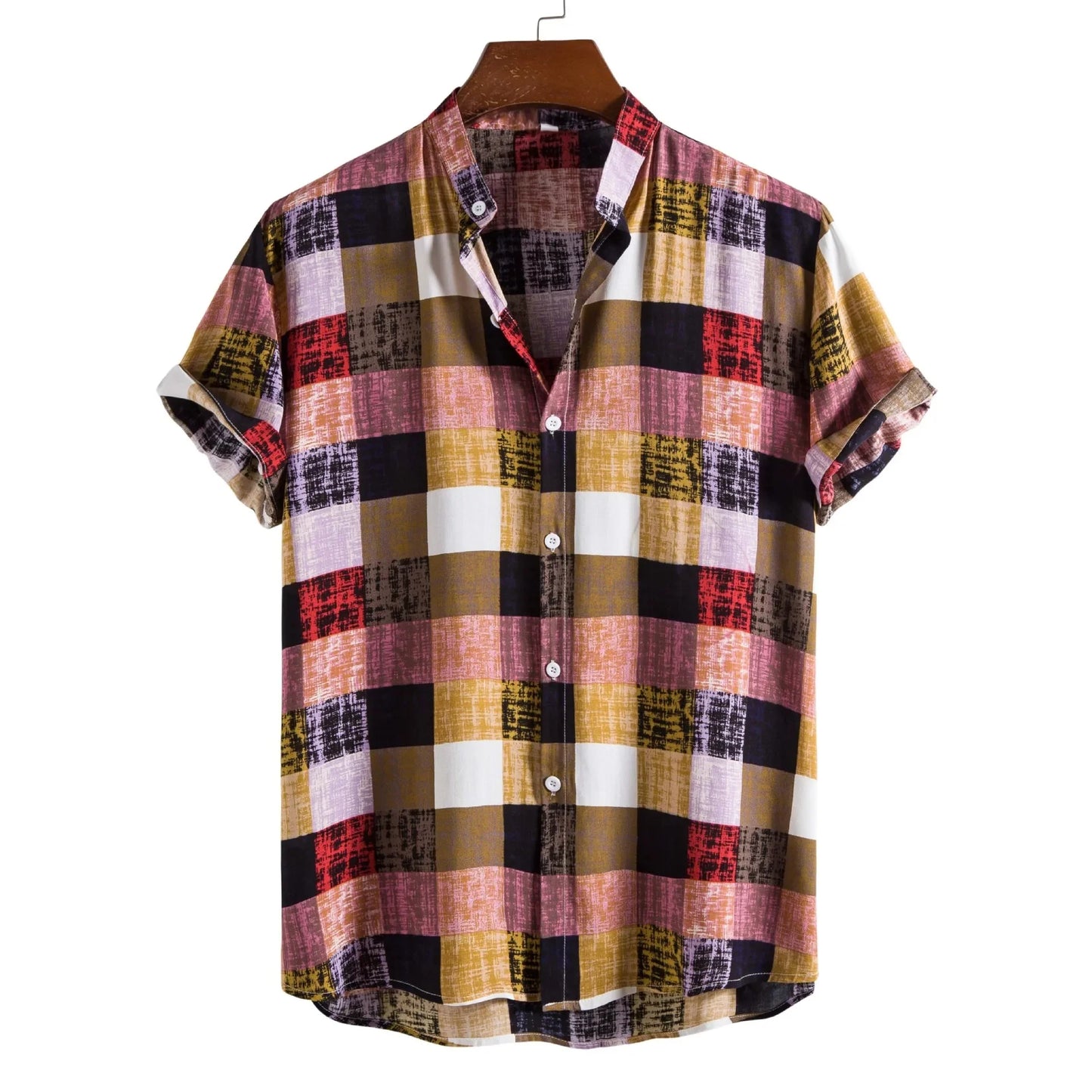 Men's Fashionable Short Sleeve Shirt 2021 New Style Plaid Print Stand Collar Casual Wear Made in China for Global Trade