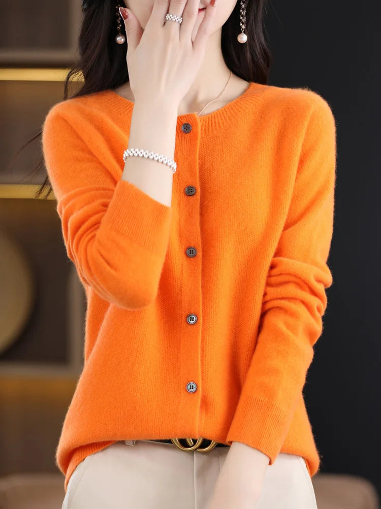 Long Sleeve 100% Merino Wool Sweaters Cashmere Cardigan Spring Autumn Women O-Neck Knitwear Tops Clothing Fashion Basic Tops