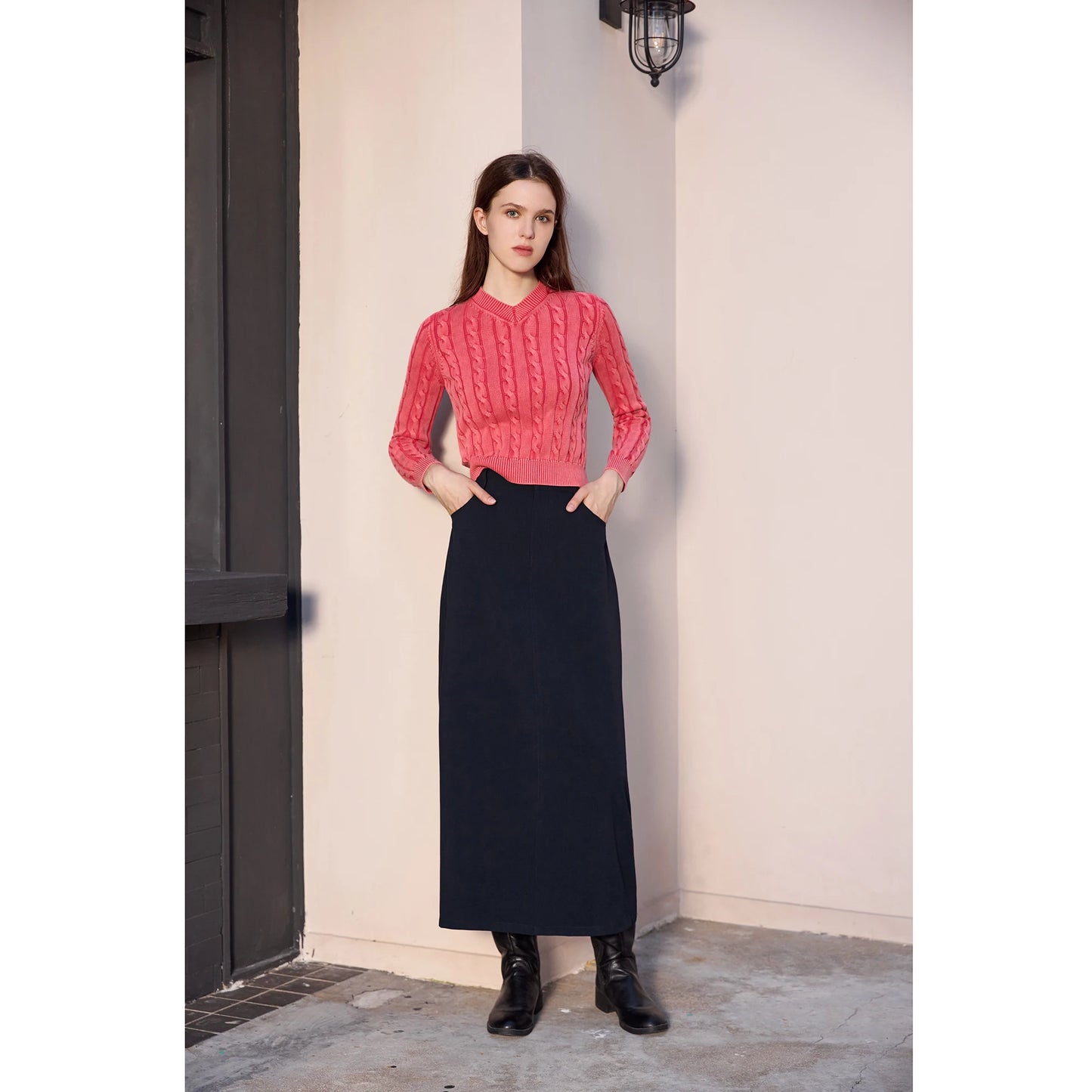 AP 2026 Women Washed Sweater Autumn and Winter Cable Sweater Stretch Skirt and Fashion Leather Skirt