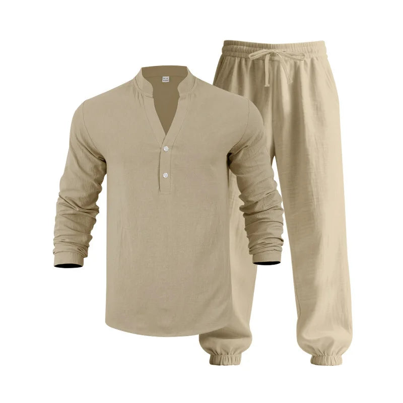 American loose linen set for men autumn Hawaiian home commuter thin Henry shirt long sleeve pants set