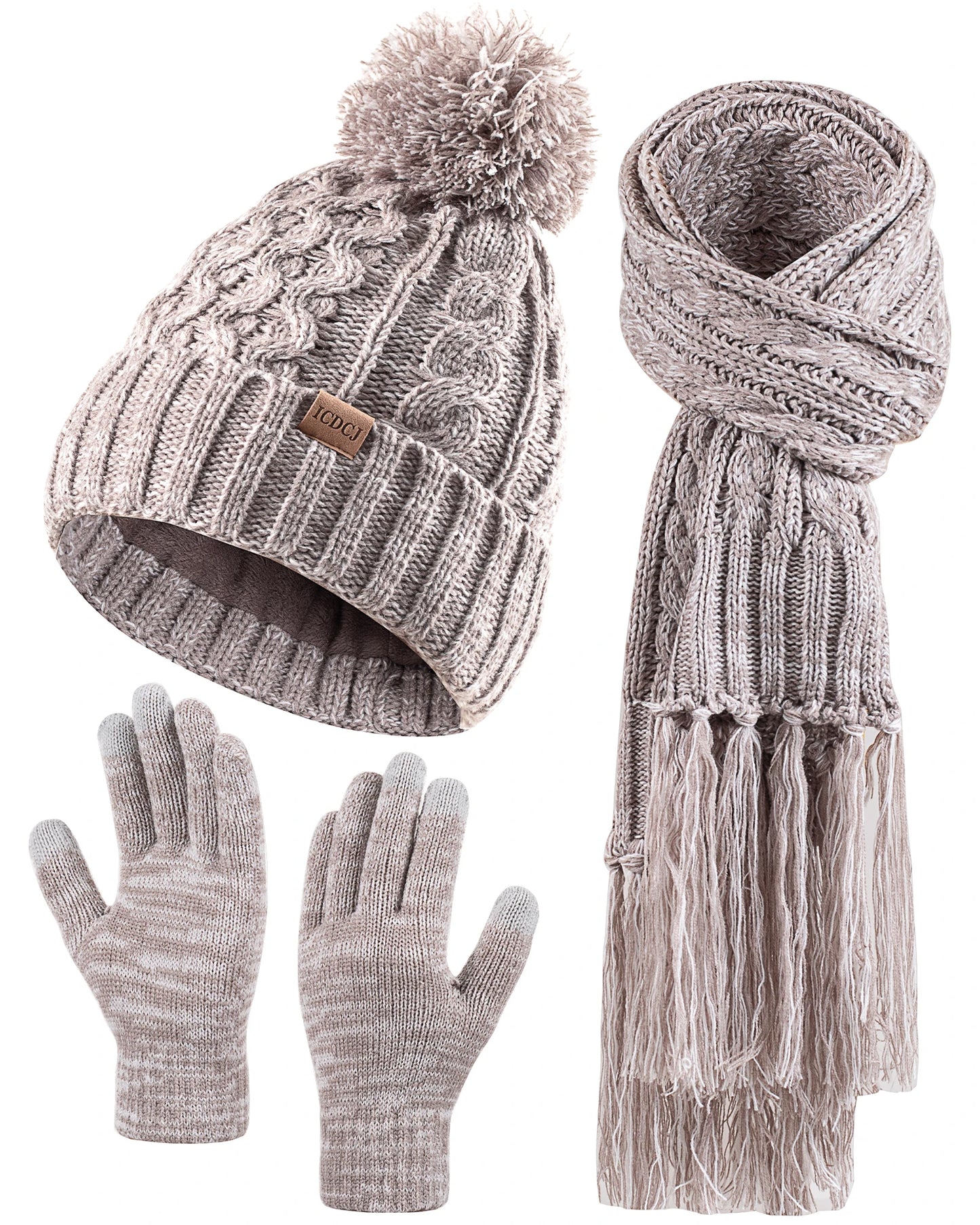 Women Winter Knit Beanie Hat+Touchscreen Gloves+Long Scarve 3 in 1 Set Gift for Women Girls