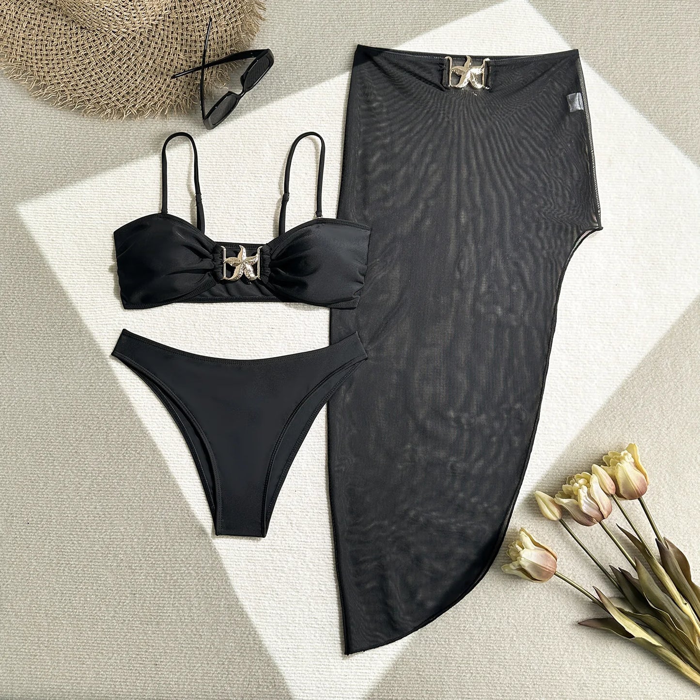 Women's 3 Piece Swimsuit Metal Starfish Bikini Set High Waist Yarn Skirt Cover-ups Suspender Backless Swimwear 2025 Summer New