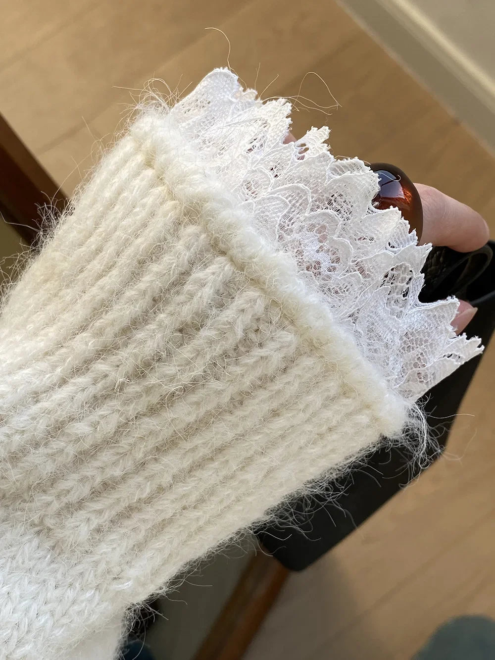 Aoaiiys Sweaters Women V Neck Lace Spliced Pullovers Vintage Chic Knitted Jumpers Autumn Winter New Comfortable Loose Sweaters