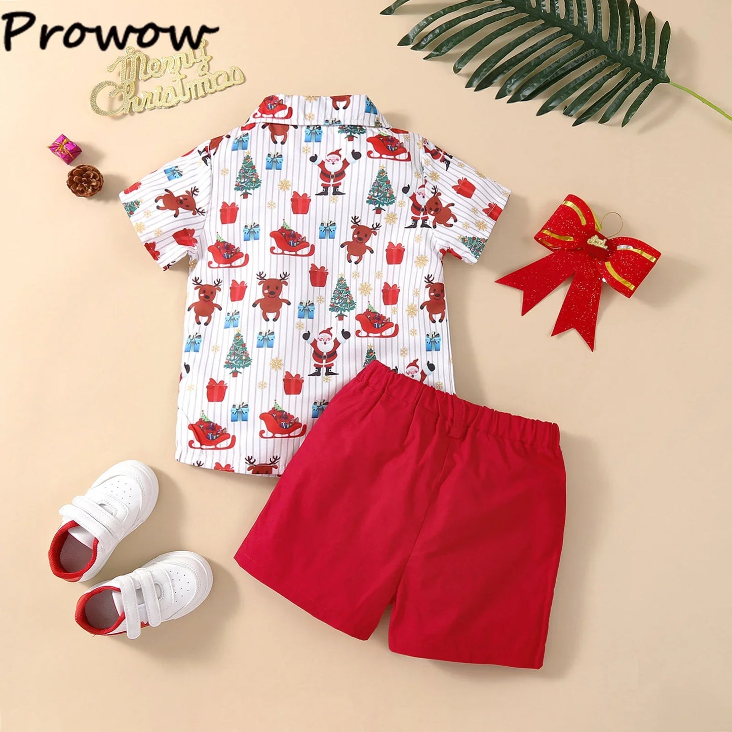 Boys Christmas Outfits For Kids Baby Festival Clothing Short/Long Sleeve Gentleman Shirts+Red Pants New Year Children's Costume