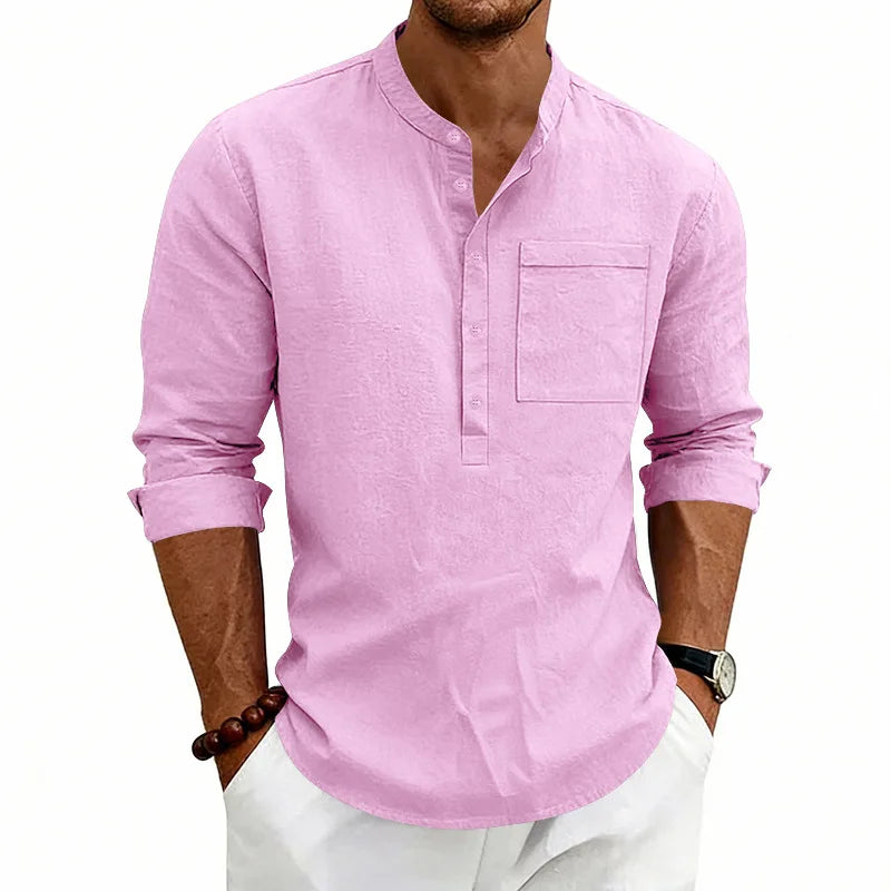 Summer Men's Linen Henry Long Sleeve T-Shirt  European and American Woven Solid Color Casual Polo Shirt