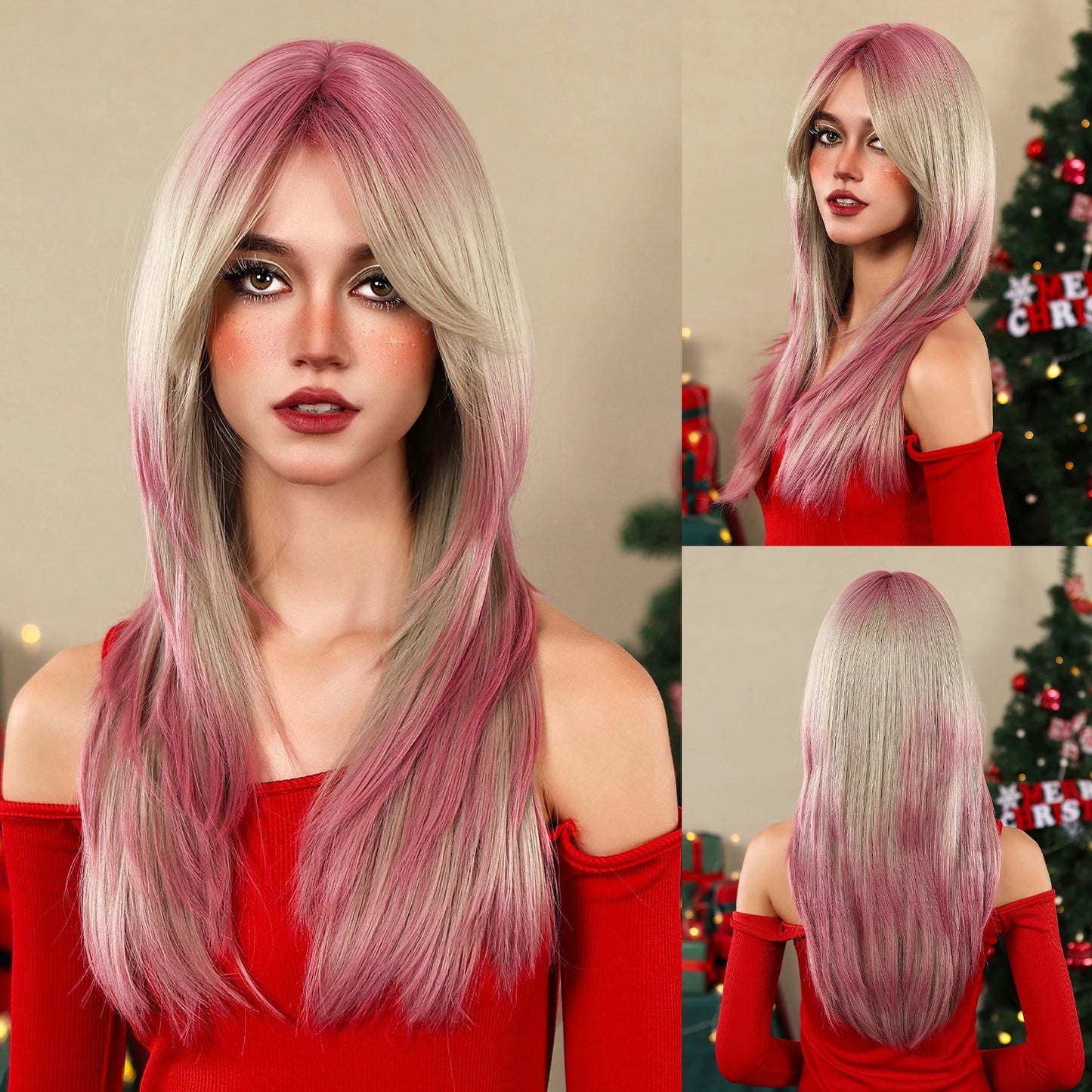 LOUIS FERRE Black Pink Ombre Synthetic Wigs for Cosplay Long Straight Layered Wigs with Bangs for Women Heat Resistant Fake Hair