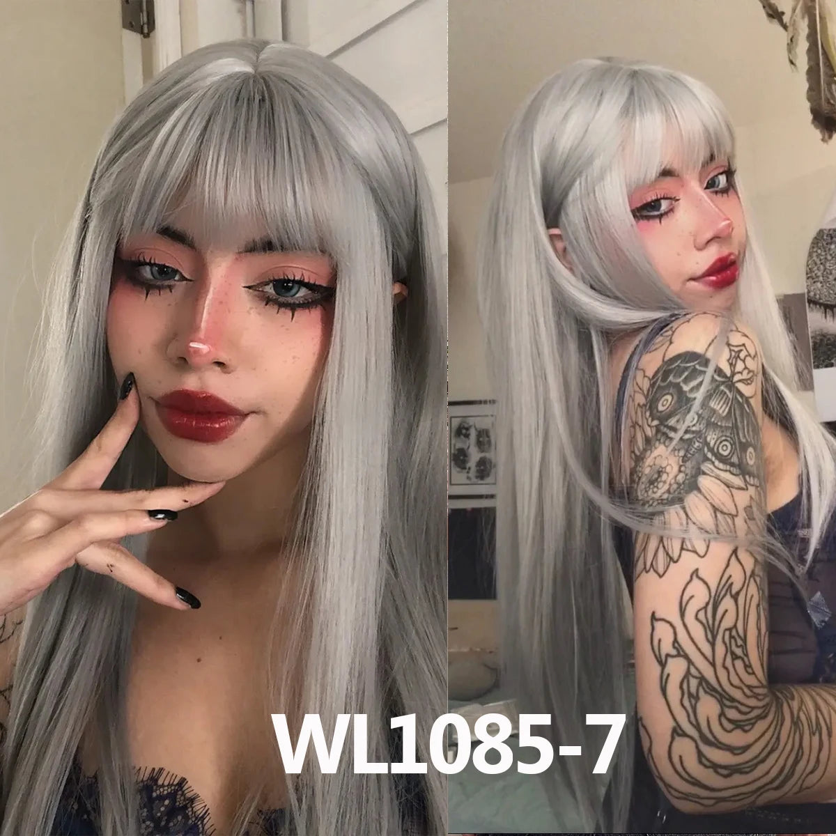 LOUIS FERRE Black Pink Ombre Synthetic Wigs for Cosplay Long Straight Layered Wigs with Bangs for Women Heat Resistant Fake Hair