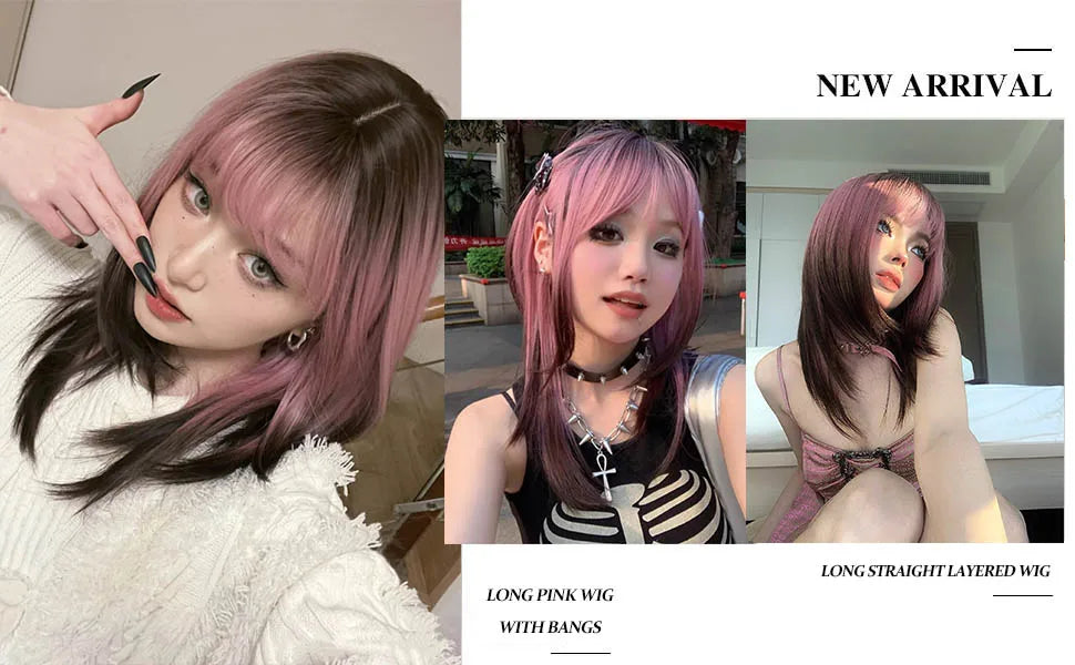 LOUIS FERRE Black Pink Ombre Synthetic Wigs for Cosplay Long Straight Layered Wigs with Bangs for Women Heat Resistant Fake Hair