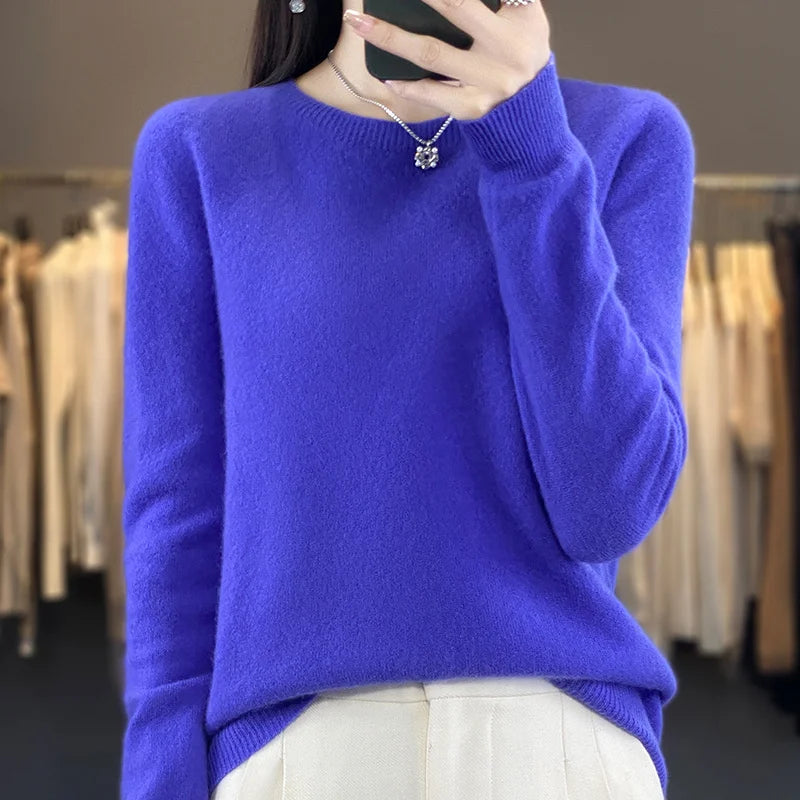 100% Merino Wool Sweater Women O-neck Cashmere Knitwear Female Pullover Autumn Winter Casual Tops Solid Color Soft  Clothing