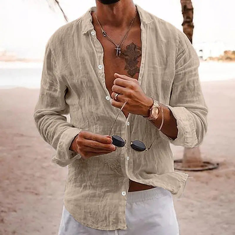 Men's Summer Shirt Casual Lightweight Solid Color Loose Single Breasted Lapel Cotton Linen Long Sleeve Shirt Vacation Beach Tops