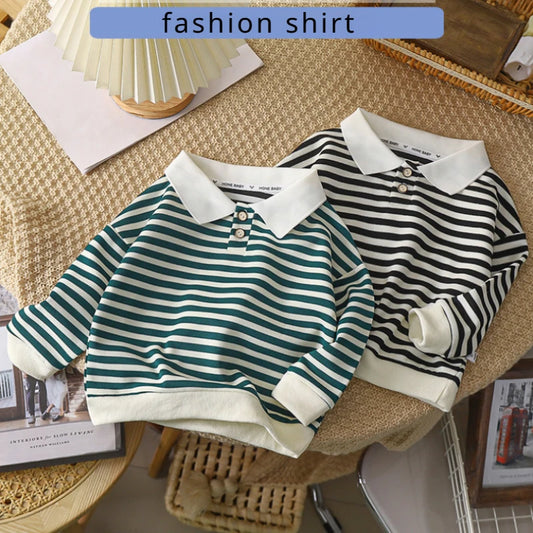 Spring New in Kids Baby Boys Fashion Top Outwear - Children Polo Collar Striped Full Sleeve Shirts , Toddler Clothing 2-7Y