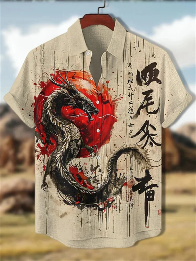New men's 3D octopus print short sleeved shirt, retro summer linen shirt, men's holiday casual short sleeved streetwear